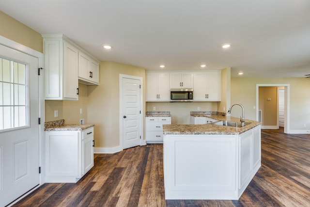 10890 Minor Hill Hwy, Goodspring, TN 38460 - kitchen with stainless steel microwave, a sink, dark wood finished floors, white cabinetry, and recessed lighting