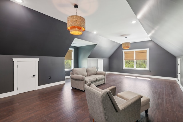 interior space featuring lofted ceiling, a wealth of natural light, and dark hardwood / wood-style floors