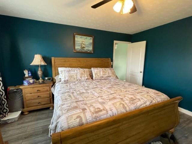 bedroom with ceiling fan and wood-type flooring