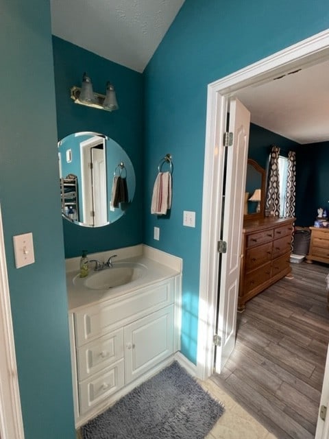 bathroom featuring wood-type flooring and vanity