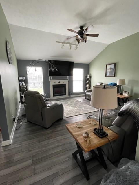 living room featuring hardwood / wood-style floors, a healthy amount of sunlight, lofted ceiling, and a fireplace