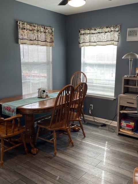 dining room with ceiling fan, wood-type flooring, and a wealth of natural light