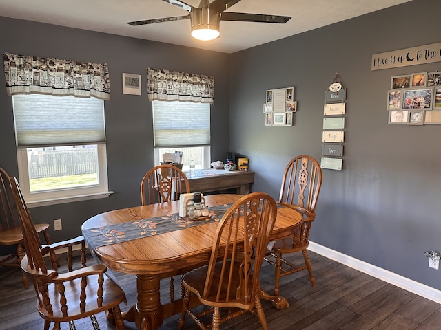 dining room featuring ceiling fan and dark hardwood / wood-style floors