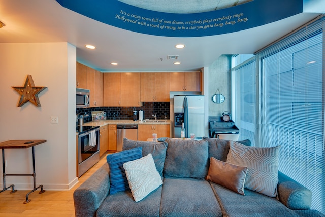 kitchen featuring appliances with stainless steel finishes, light wood-type flooring, sink, and decorative backsplash