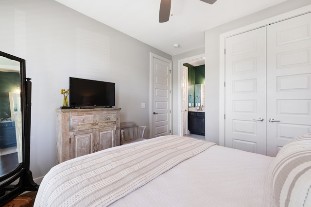 bedroom featuring ceiling fan and connected bathroom