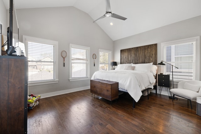 bedroom featuring high vaulted ceiling, ceiling fan, and dark wood-type flooring