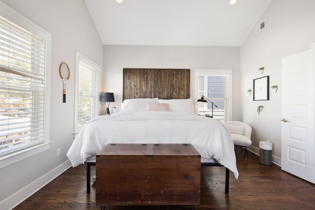 bedroom featuring lofted ceiling, dark hardwood / wood-style floors, and multiple windows