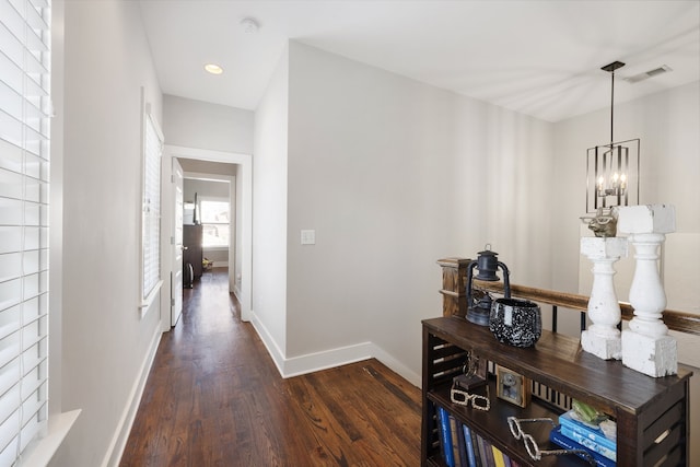 hall with a chandelier and dark hardwood / wood-style flooring