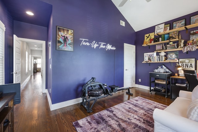 office with ceiling fan, dark wood-type flooring, and high vaulted ceiling