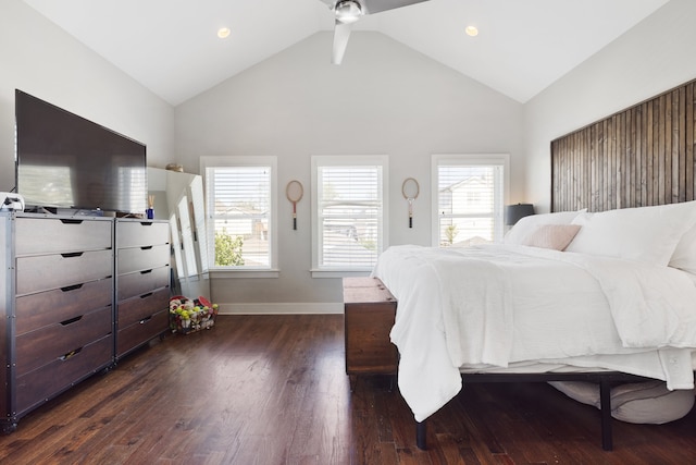 bedroom featuring dark hardwood / wood-style floors and high vaulted ceiling