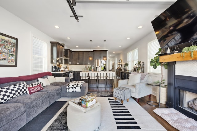 living room featuring dark wood-type flooring