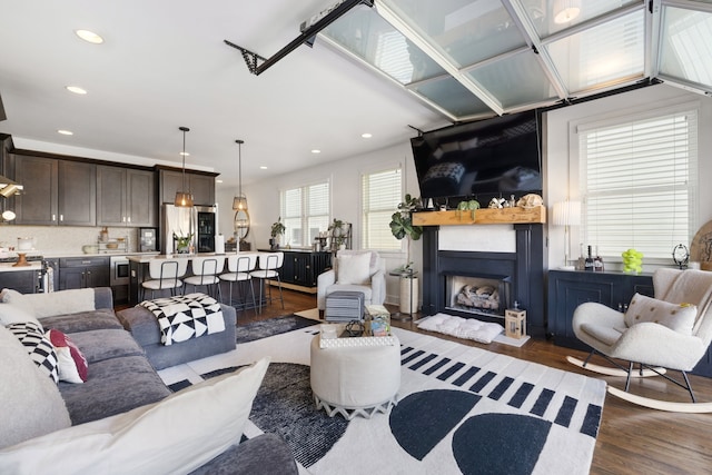 living room with dark wood-type flooring