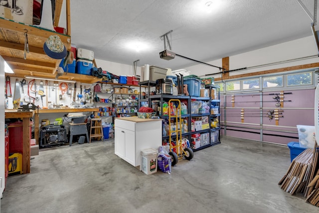 garage featuring a workshop area and a garage door opener