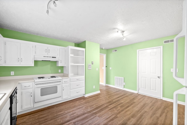 kitchen featuring track lighting, white cabinetry, a textured ceiling, light hardwood / wood-style flooring, and white range with electric stovetop