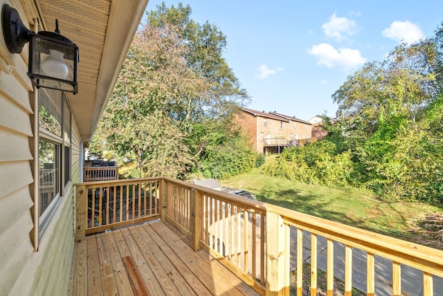 wooden terrace with a lawn