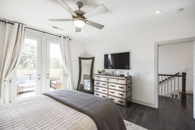 bedroom featuring access to exterior, ceiling fan, french doors, and dark hardwood / wood-style floors