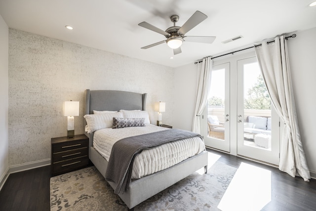 bedroom with access to exterior, ceiling fan, french doors, and dark hardwood / wood-style floors