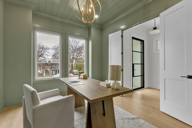 home office featuring ornamental molding, wooden ceiling, a notable chandelier, and light hardwood / wood-style flooring