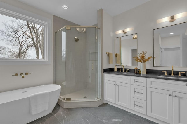 bathroom featuring vanity and separate shower and tub