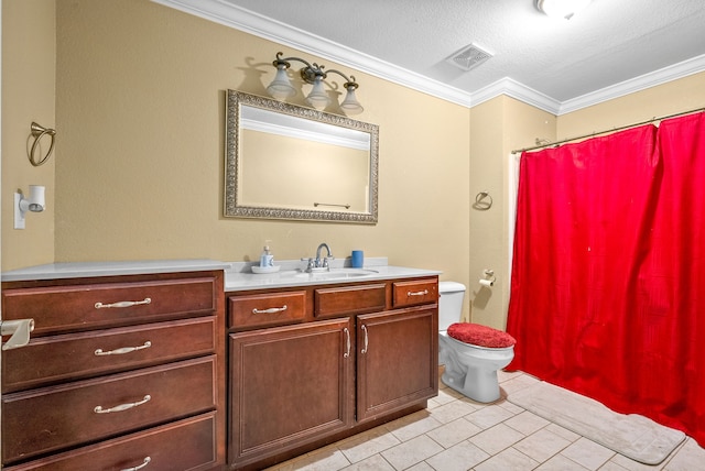 bathroom featuring vanity, a shower with shower curtain, crown molding, toilet, and a textured ceiling