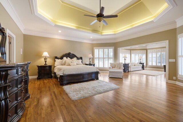 bedroom featuring crown molding, ceiling fan, wood-type flooring, and a raised ceiling