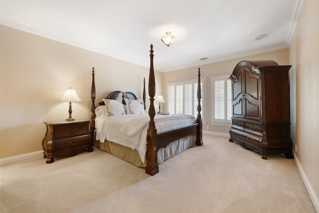 carpeted bedroom featuring crown molding