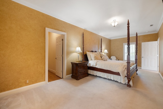 carpeted bedroom with crown molding