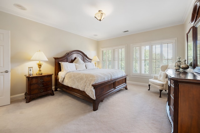 carpeted bedroom with crown molding