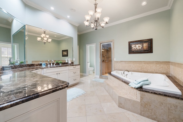 full bathroom featuring vanity, crown molding, a chandelier, independent shower and bath, and toilet