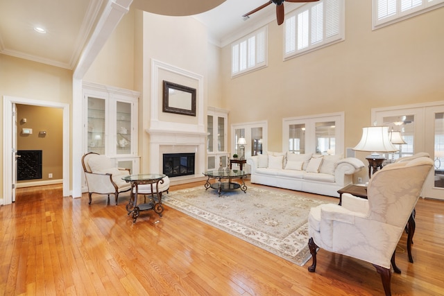 living room featuring light wood-type flooring, a high ceiling, and a healthy amount of sunlight