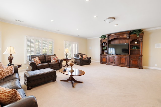 carpeted living room featuring crown molding