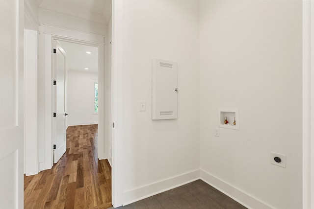 laundry room with dark hardwood / wood-style floors, hookup for a washing machine, and electric dryer hookup