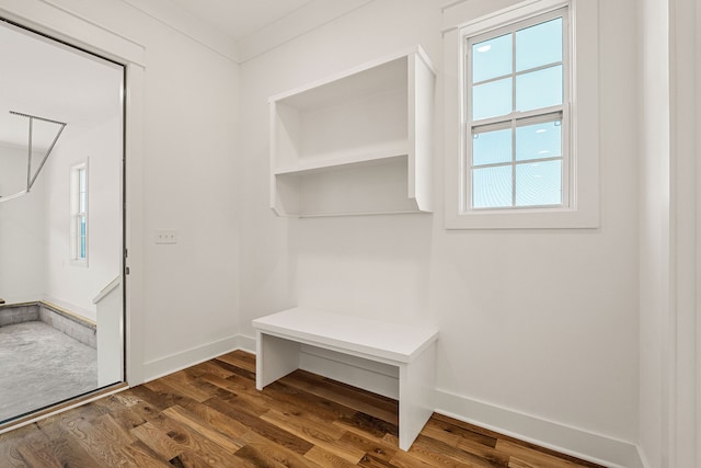 mudroom featuring dark wood-type flooring and ornamental molding