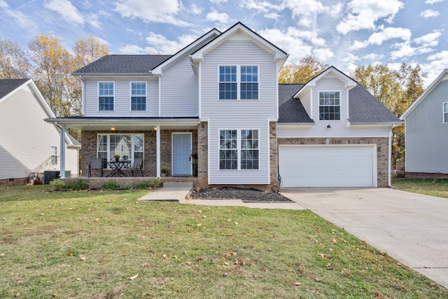 view of front property featuring a front lawn, central air condition unit, a garage, and covered porch