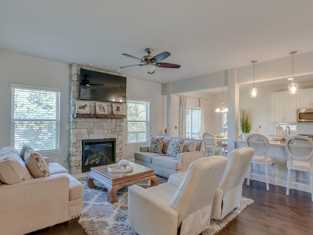 living room featuring ceiling fan with notable chandelier, a fireplace, a wealth of natural light, and dark hardwood / wood-style flooring