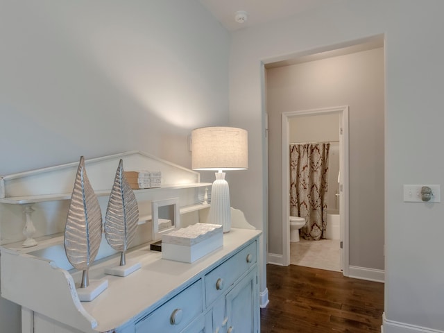 interior space featuring a shower with curtain, hardwood / wood-style floors, vanity, and toilet