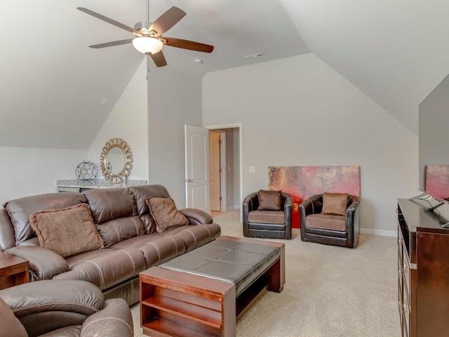 living room featuring ceiling fan, light colored carpet, and lofted ceiling