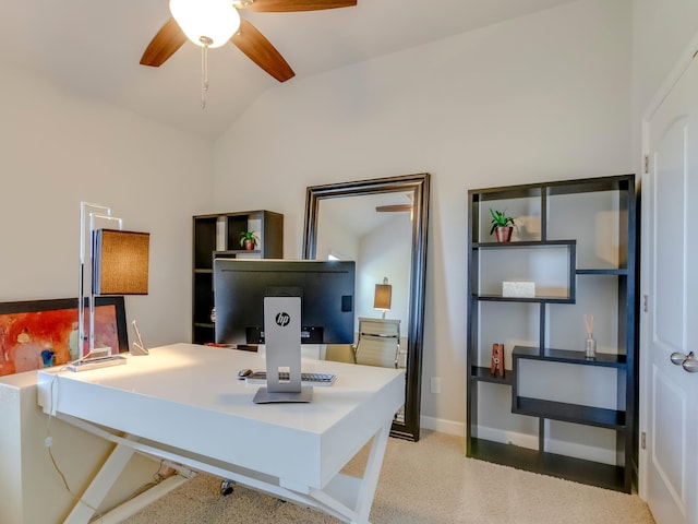 home office with ceiling fan and vaulted ceiling