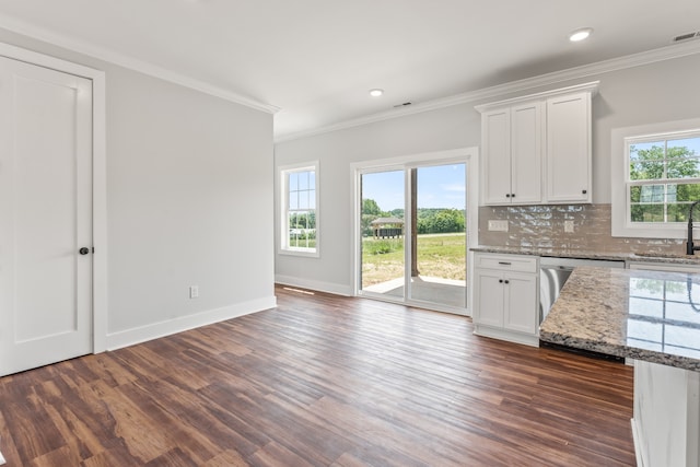 kitchen with dark wood-type flooring, a healthy amount of sunlight, and white cabinetry