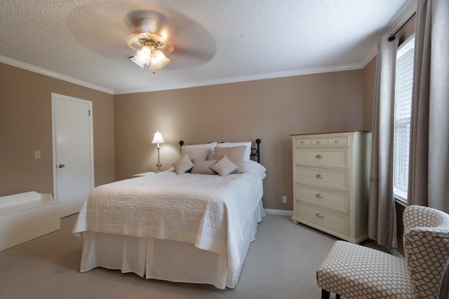 carpeted bedroom with ceiling fan, a textured ceiling, ornamental molding, and multiple windows