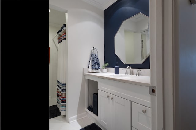 bathroom featuring vanity, tile patterned flooring, ornamental molding, and a shower with shower curtain