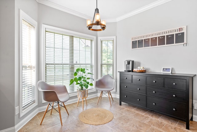 sitting room featuring crown molding, a wealth of natural light, and a chandelier