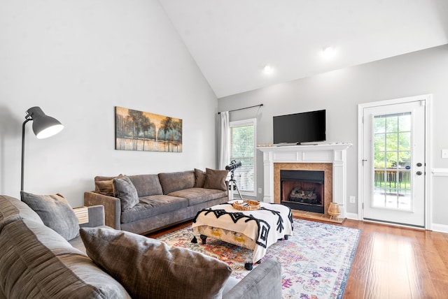 living room featuring high vaulted ceiling and light hardwood / wood-style floors