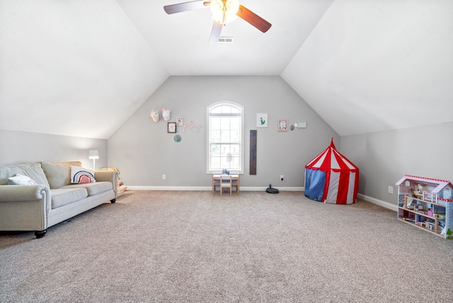 game room featuring carpet floors, vaulted ceiling, and ceiling fan