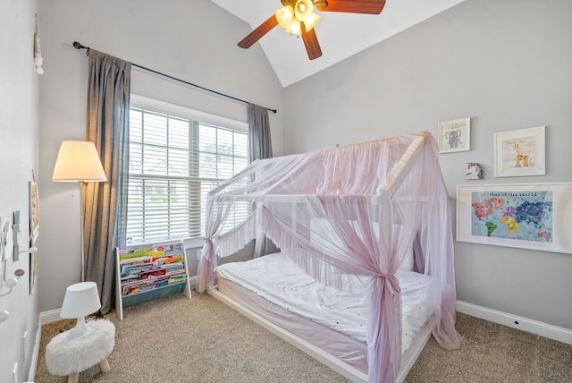 bedroom featuring ceiling fan, carpet floors, and lofted ceiling