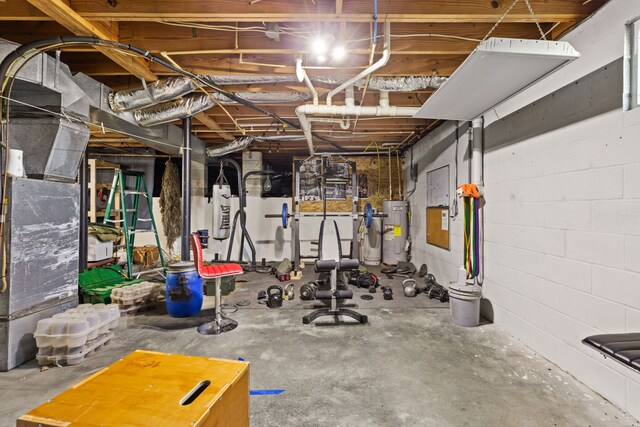 basement with heating unit and water heater