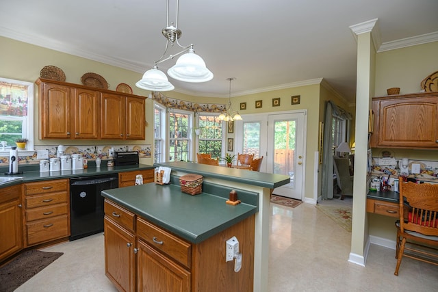 kitchen with black dishwasher, hanging light fixtures, a center island, a notable chandelier, and crown molding