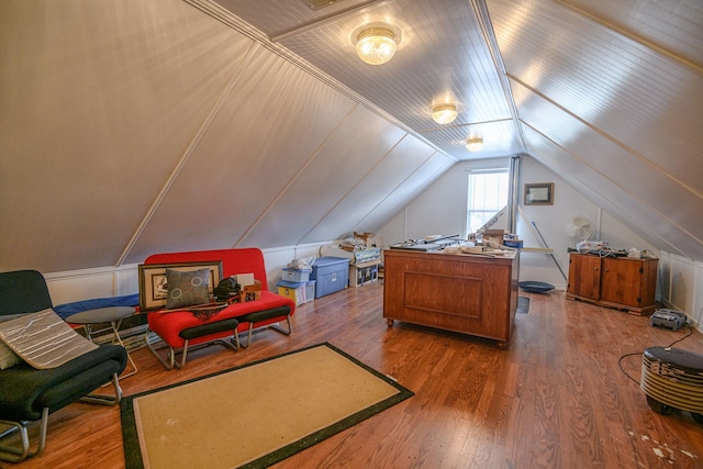 home office with wood ceiling, wood-type flooring, and vaulted ceiling