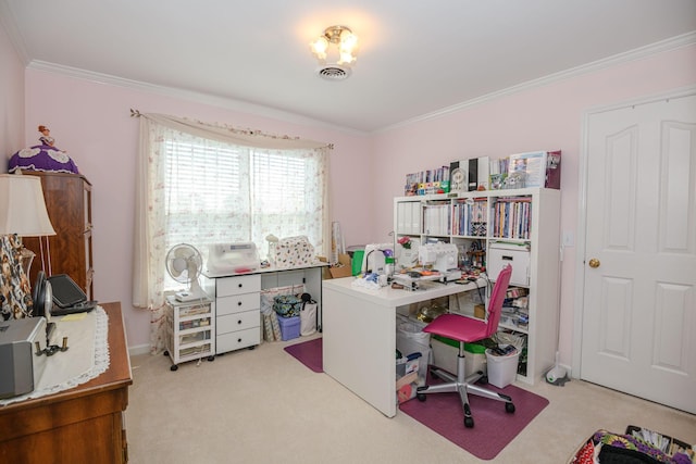 carpeted office space with crown molding