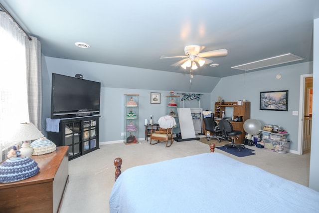 carpeted bedroom featuring lofted ceiling and ceiling fan